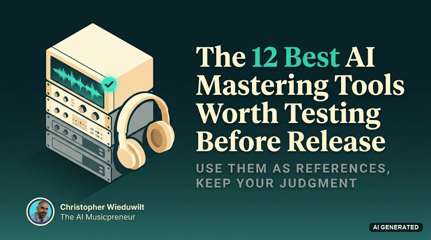 The 12 best AI mastering tools worth testing before release, shown as a mastering rack with a final-check display.