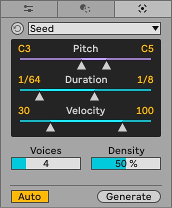 Seed MIDI generator in Ableton Live 12 with pitch, velocity, and note count controls