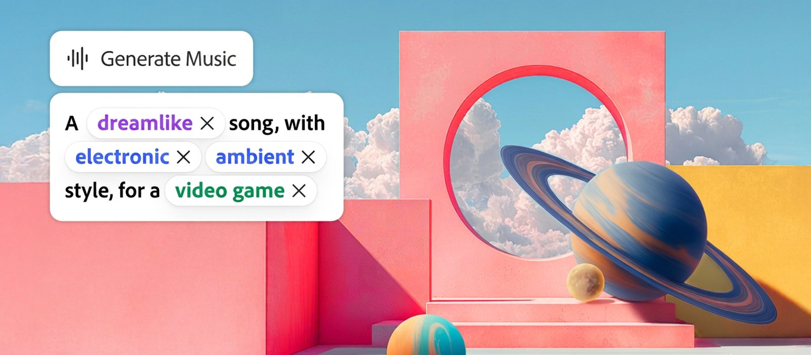 Adobe Firefly Generate Music interface showing a prompt built from dreamlike, electronic, ambient and video game style tags