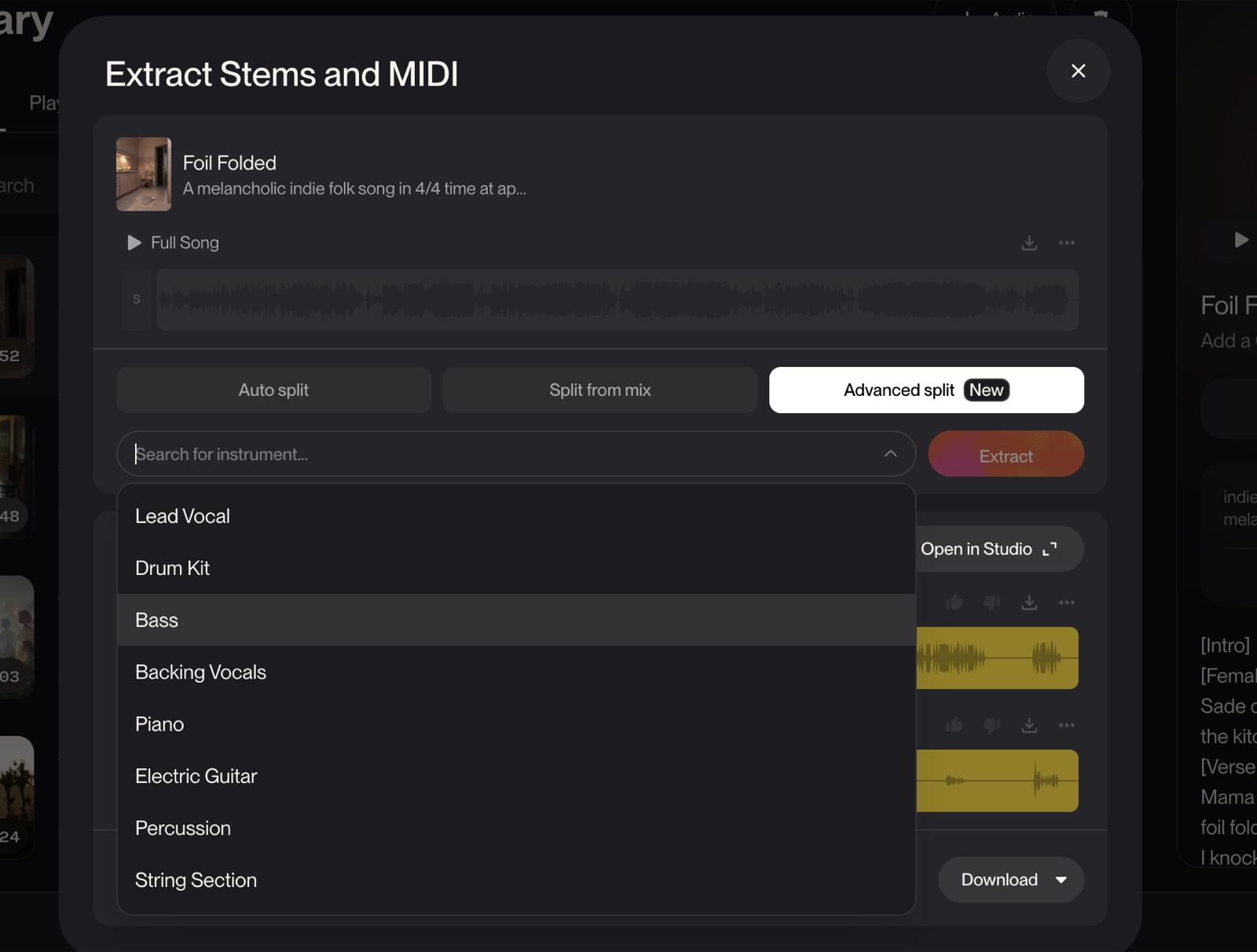 Suno Advanced Split instrument search open, listing Lead Vocal, Drum Kit, Bass, Piano, and guitar stems