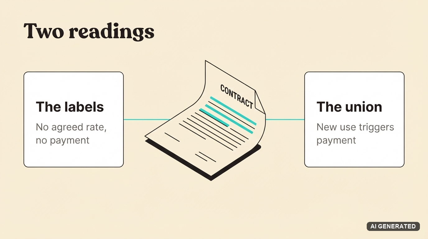 Diagram of the two competing readings of Article 21(a) in the AFM case against Universal Music and Warner Music