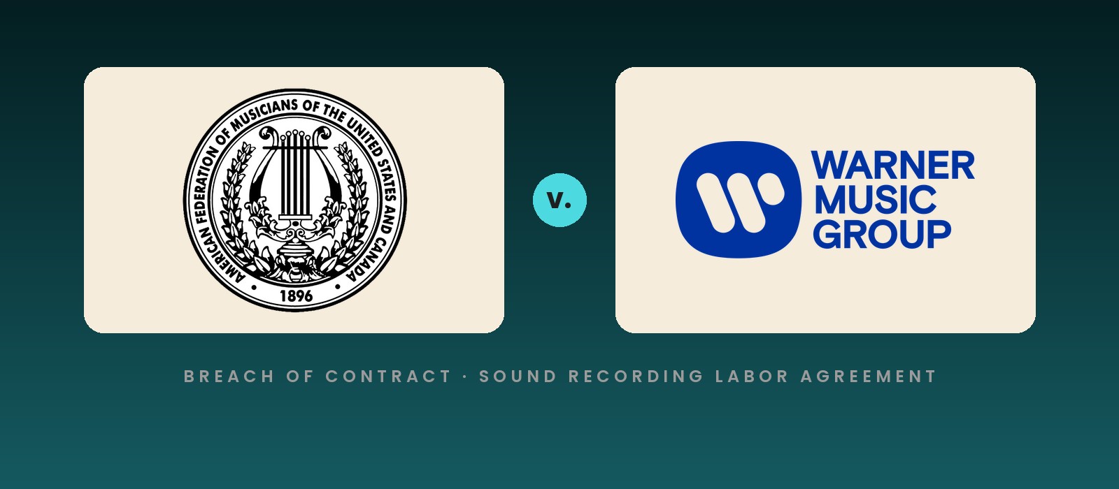 American Federation of Musicians seal and the Warner Music Group logo side by side above a line reading breach of contract, Sound Recording Labor Agreement