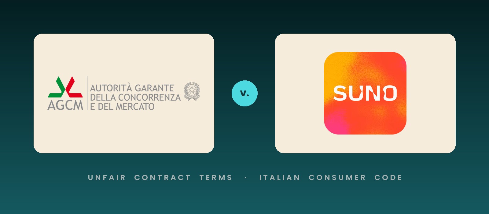 AGCM logo and Suno app icon side by side for Italy's unfair contract terms investigation