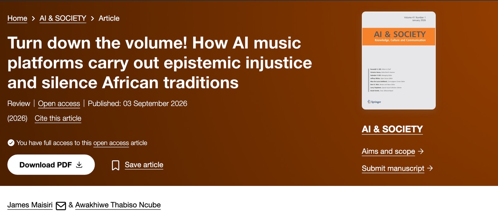 The AI & Society article page for Turn down the volume!, a University of Johannesburg study on AI music and African traditions