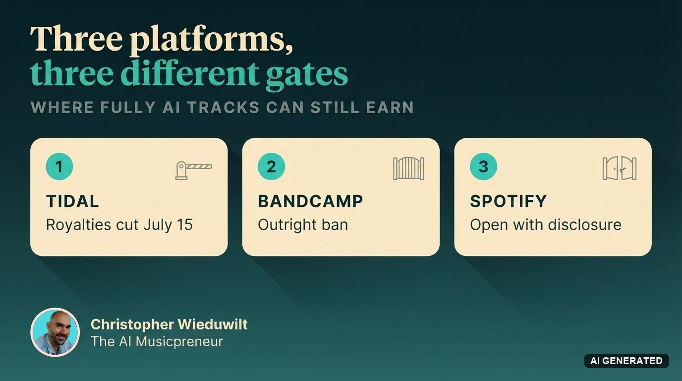 Three cards comparing AI music policies: TIDAL royalties cut July 15, Bandcamp outright ban, Spotify open with disclosure
