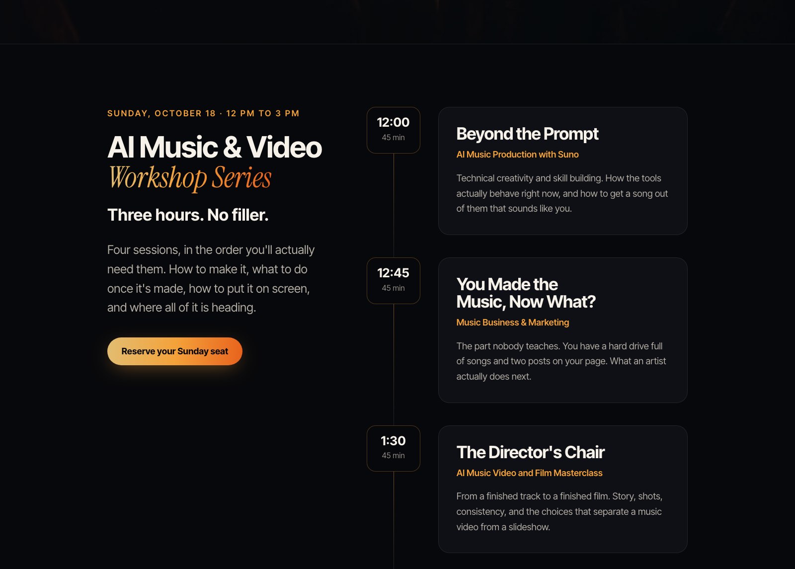 The Sunday workshop schedule for AI Creator Weekend, four 45 minute sessions running from noon to 3 PM