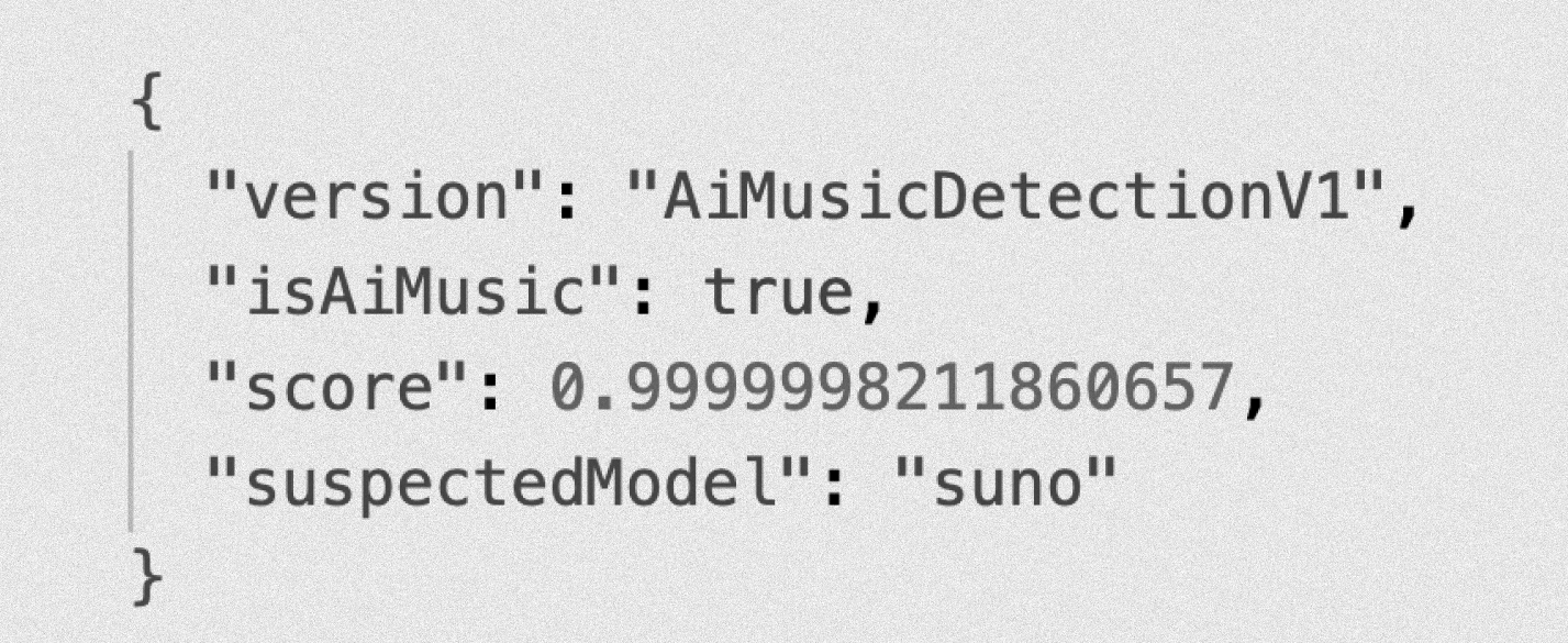 Cyanite AI Music Detection API response showing an AI-generation probability score.