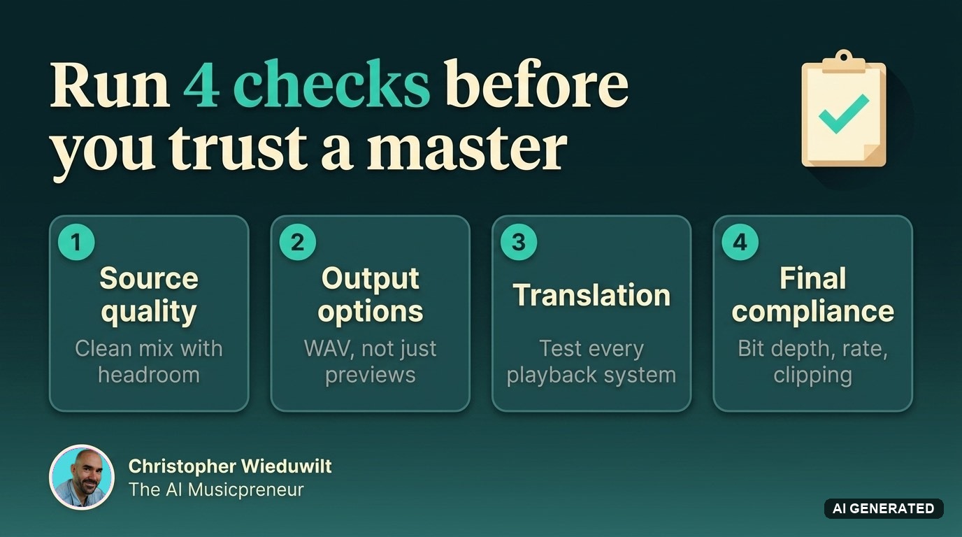 Four AI mastering checks before release: source quality, output options, translation, and final compliance.