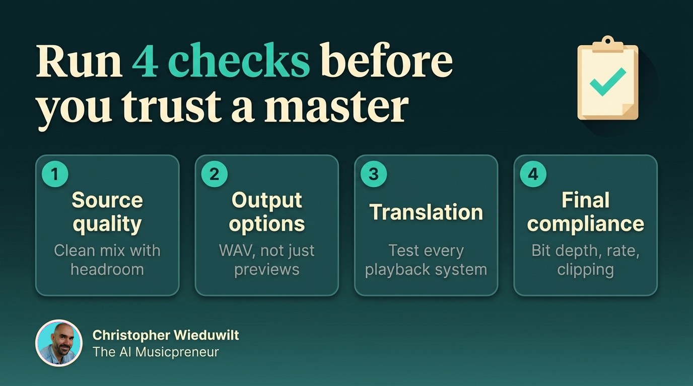 Four AI mastering checks before release: source quality, output options, translation, and final compliance.