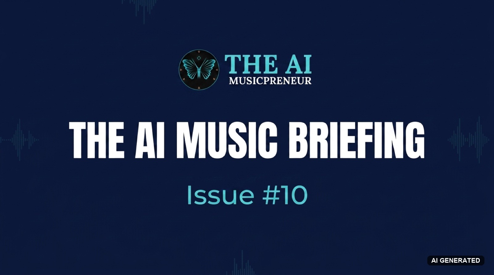 The AI Music Briefing header with The AI Musicpreneur butterfly logo on a dark navy audio-waveform background