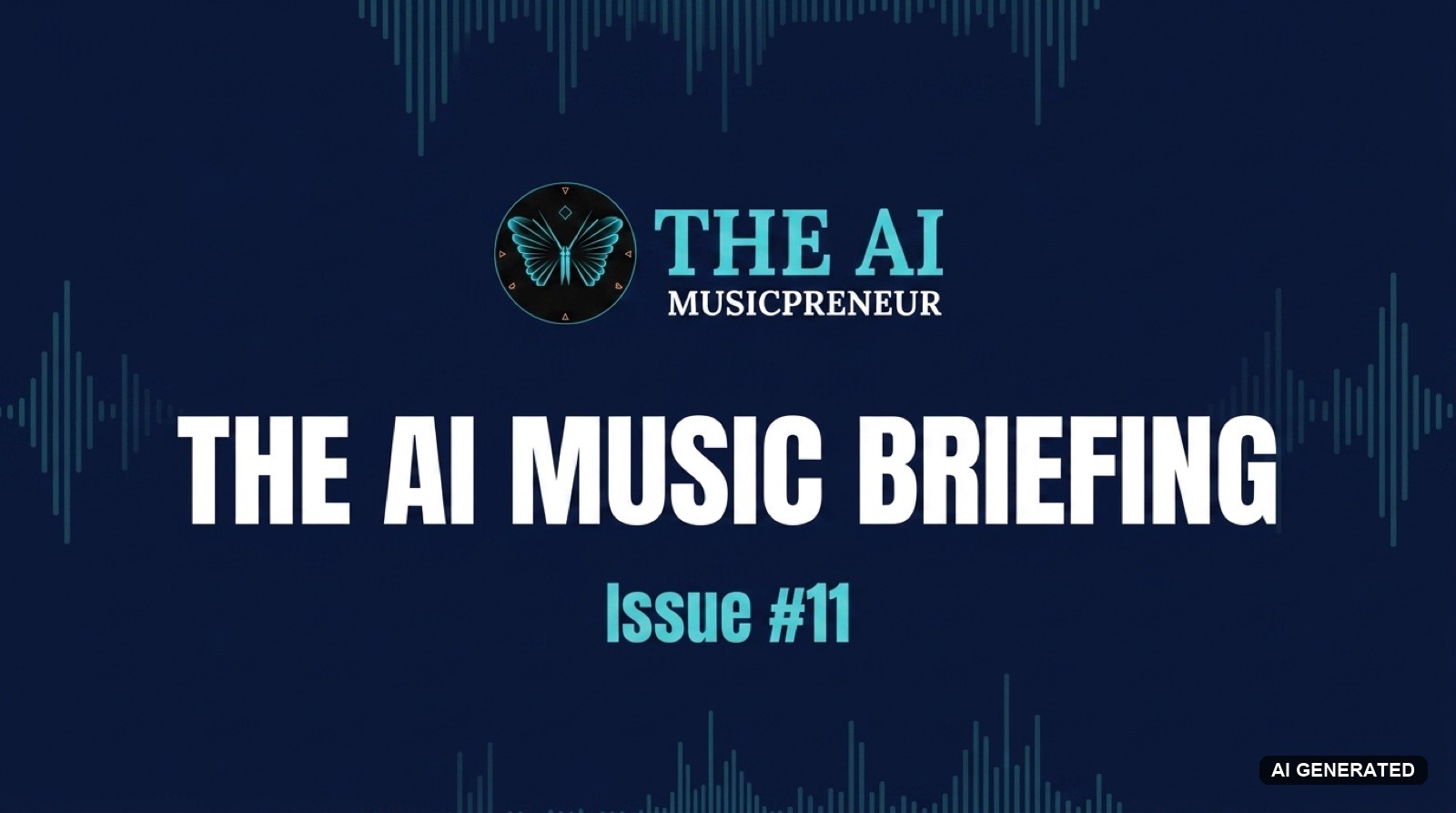 The AI Music Briefing header with The AI Musicpreneur butterfly logo on a dark navy audio-waveform background