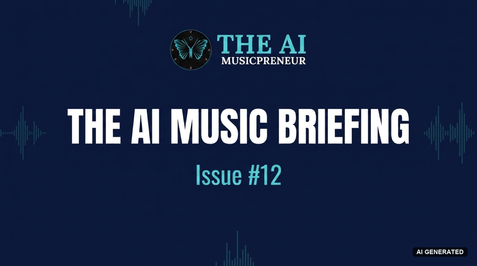 The AI Music Briefing header with The AI Musicpreneur butterfly logo on a dark navy audio-waveform background