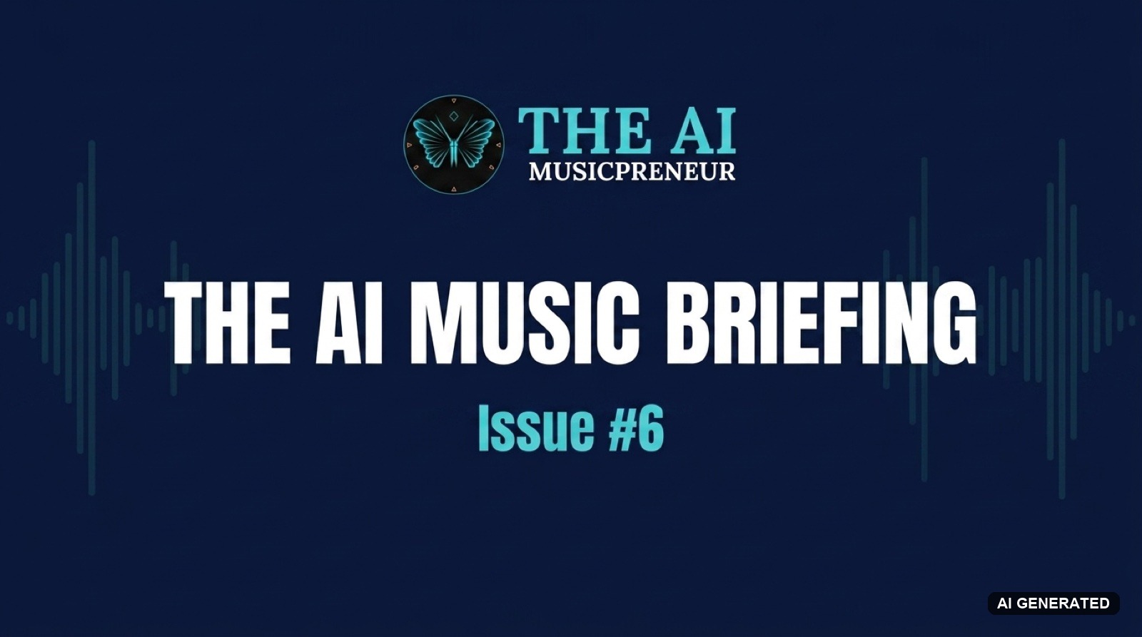 The AI Music Briefing header with The AI Musicpreneur butterfly logo on a dark navy audio-waveform background