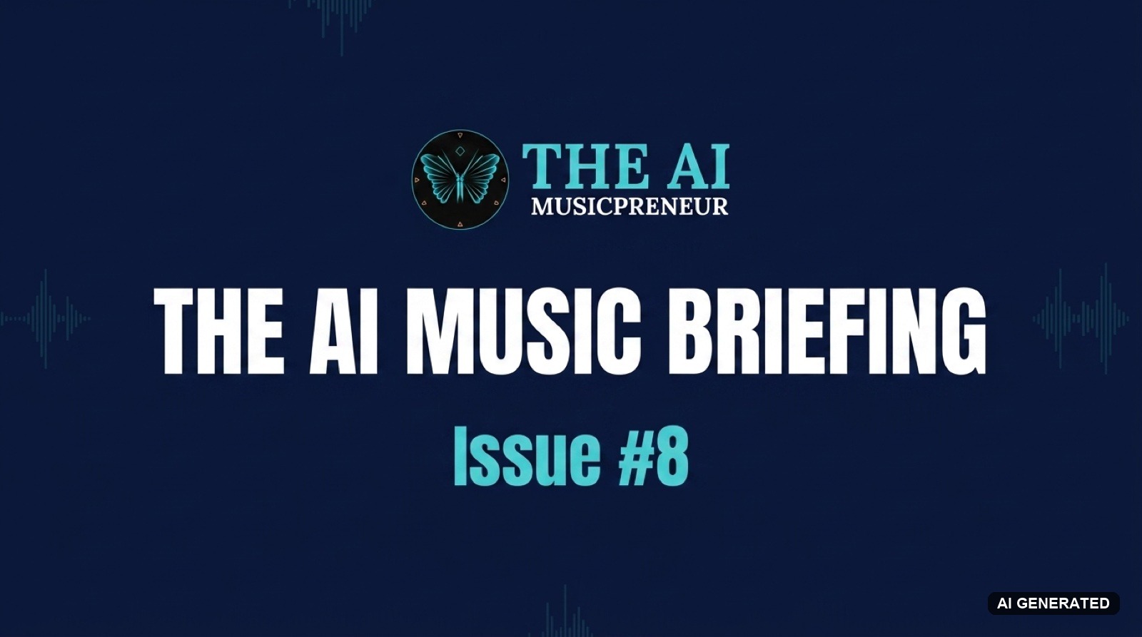 The AI Music Briefing header with The AI Musicpreneur butterfly logo on a dark navy audio-waveform background