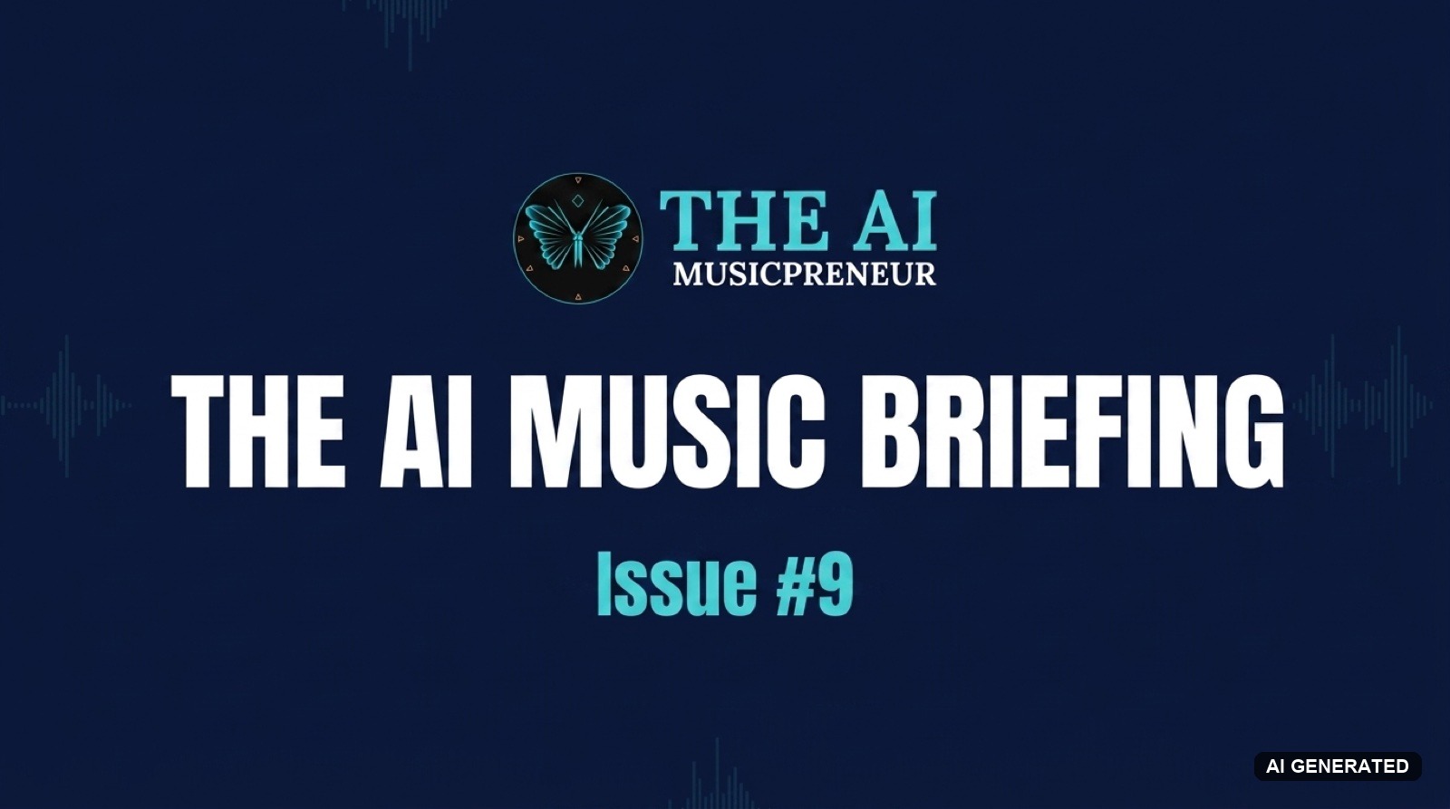 The AI Music Briefing header with The AI Musicpreneur butterfly logo on a dark navy audio-waveform background