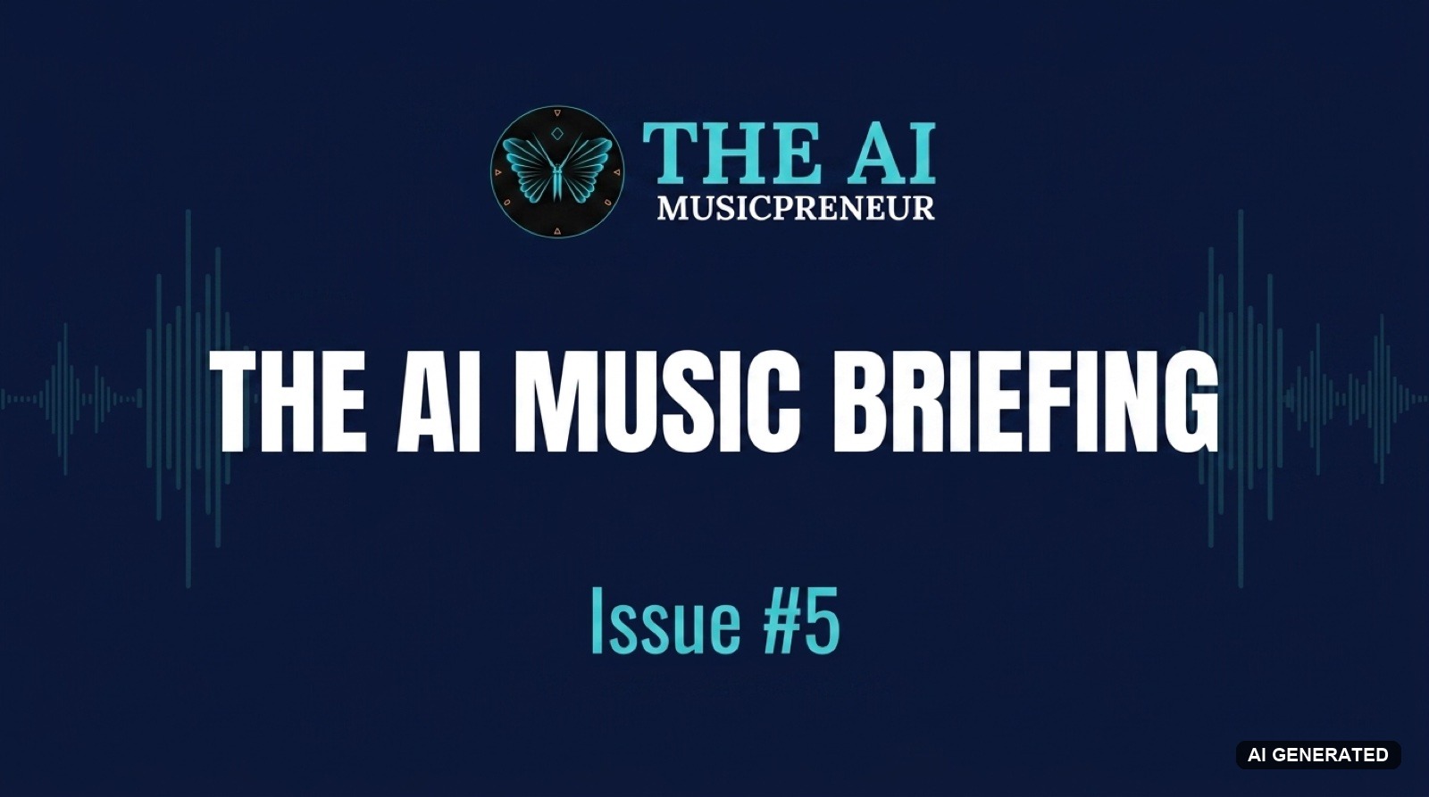 The AI Music Briefing header with The AI Musicpreneur butterfly logo on a dark navy audio-waveform background