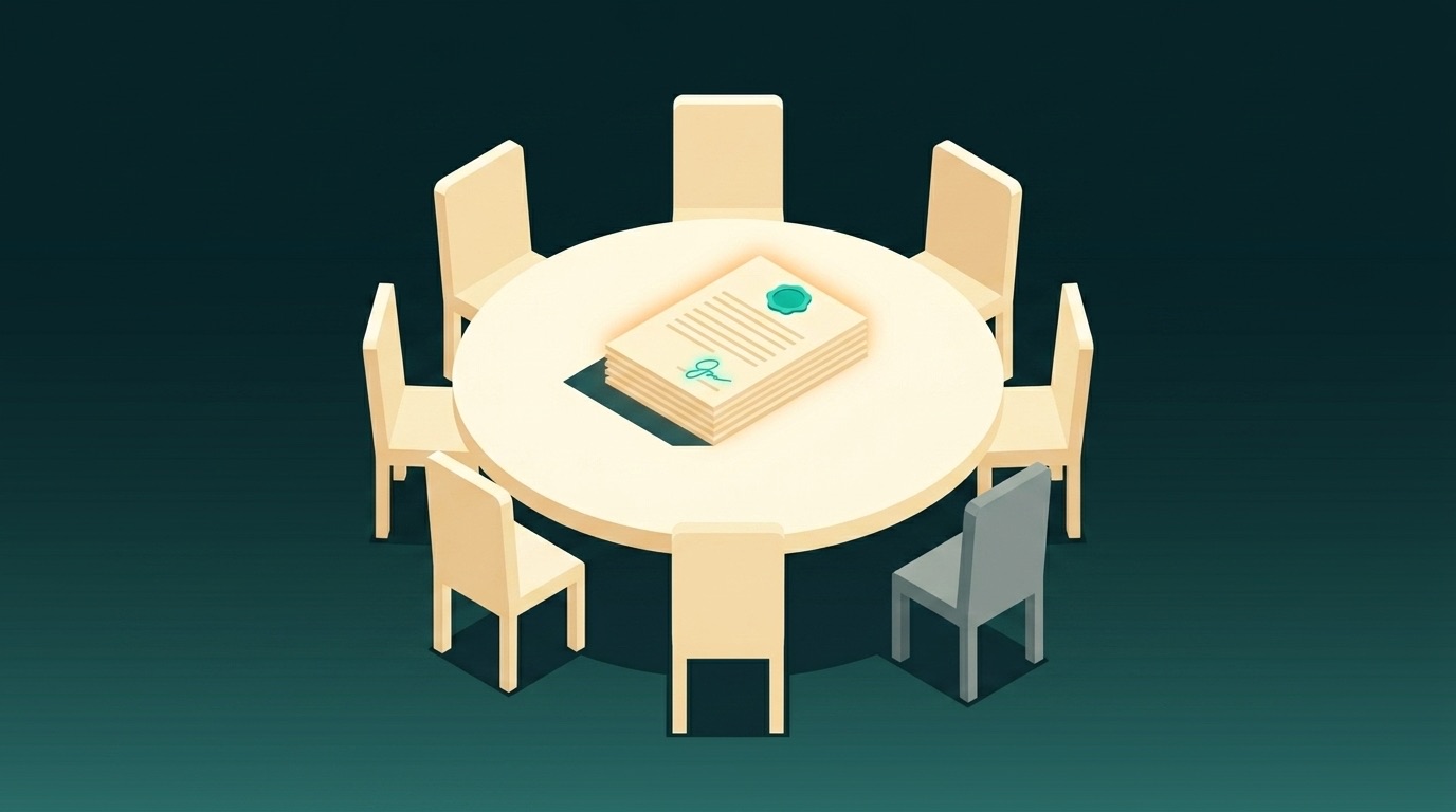 Flat illustration of a round signing table with a stack of sealed contracts, most chairs taken and one grey chair left out