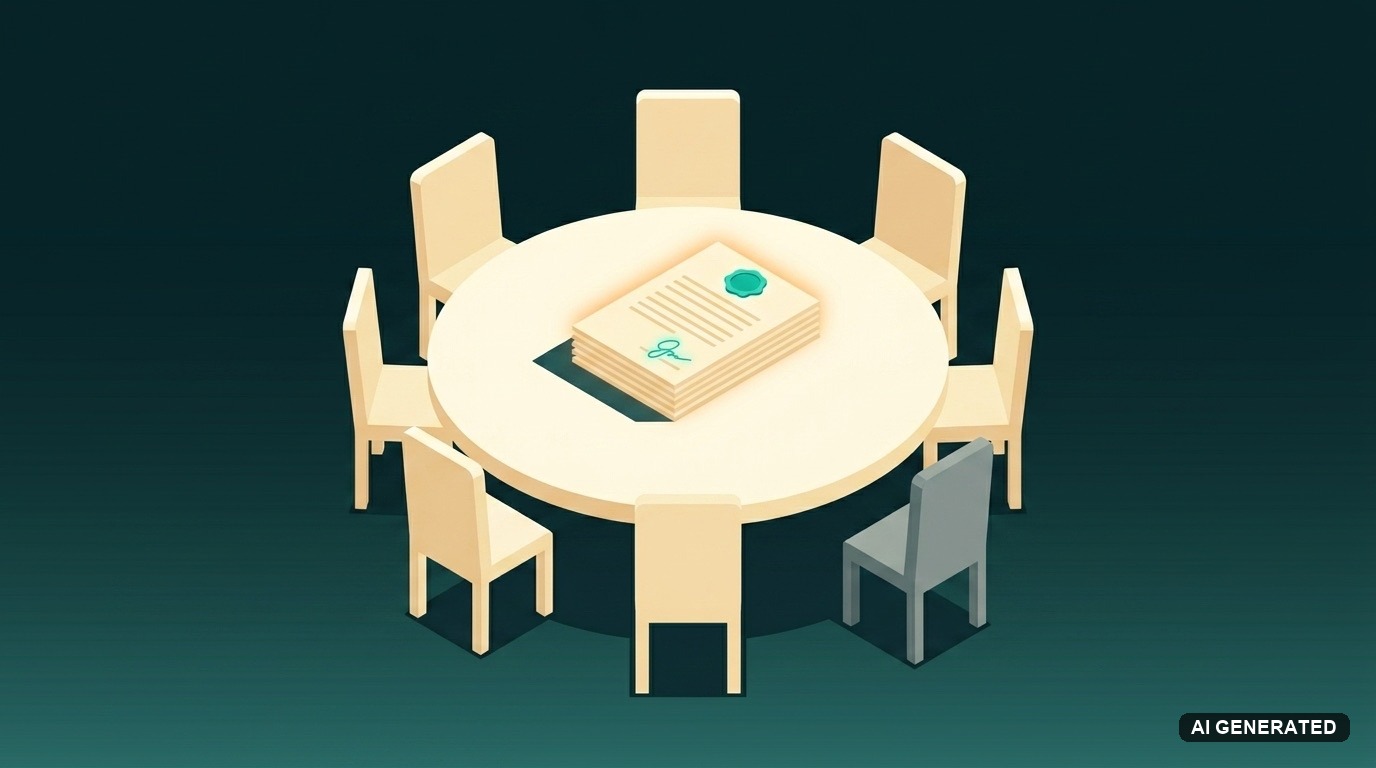 Flat illustration of a round signing table with a stack of sealed contracts, most chairs taken and one grey chair left out