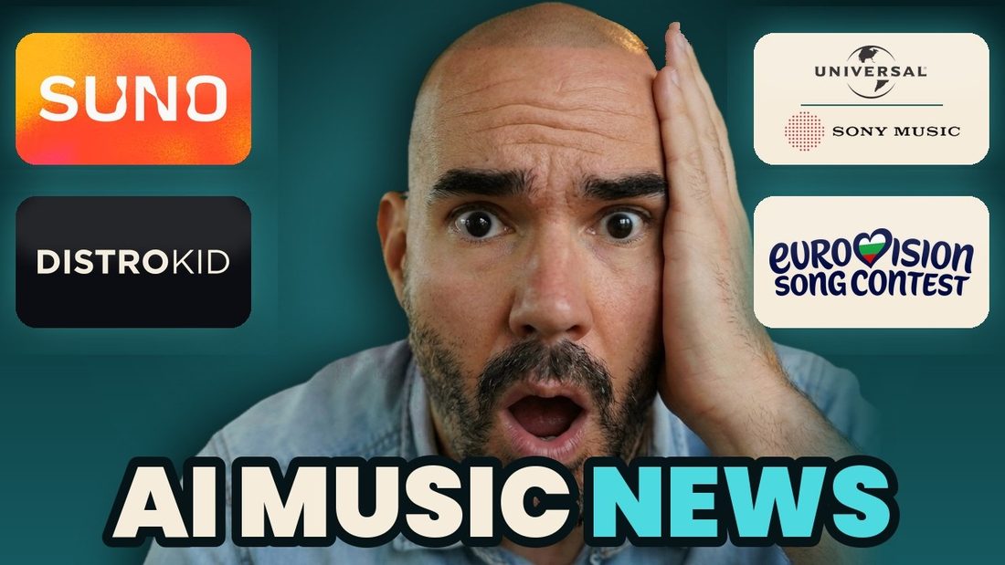 YouTube thumbnail: AI Music News, with Suno, DistroKid, Universal, Sony Music and Eurovision logos