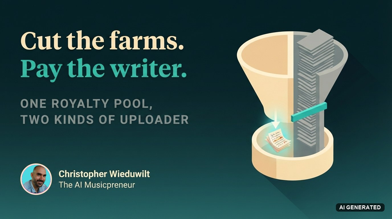 A cream funnel feeding one basin, with handwritten lyric sheets flowing through the open side and a teal gate blocking a grey stack of mass uploads