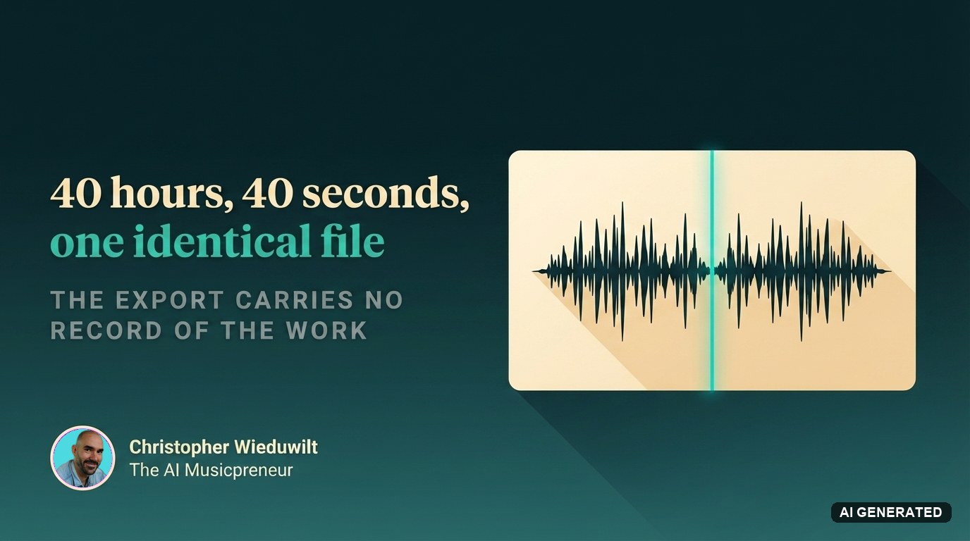 A single audio waveform panel split down the middle by a glowing teal seam, both halves drawn identically