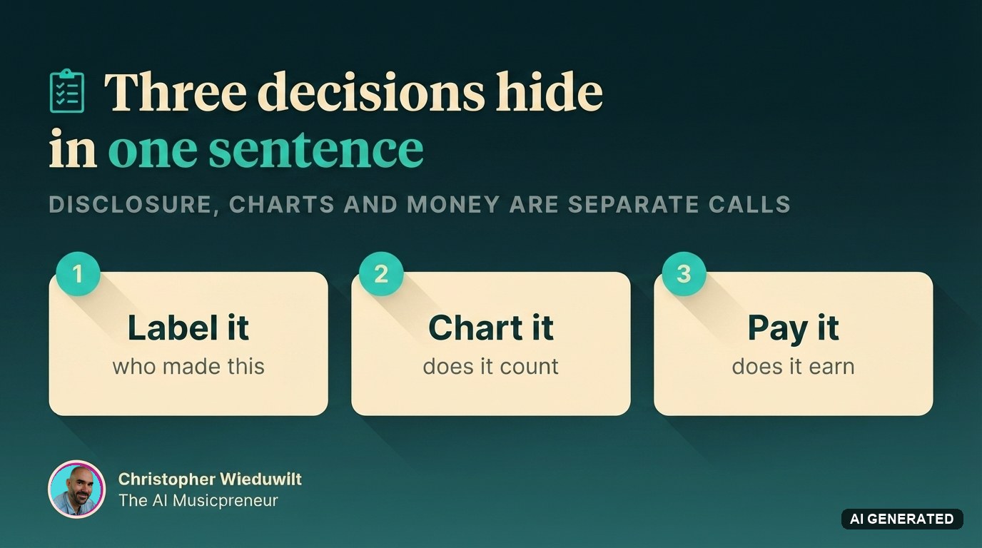 Three cream cards labelled Label it, Chart it and Pay it, under the headline three decisions hide in one sentence