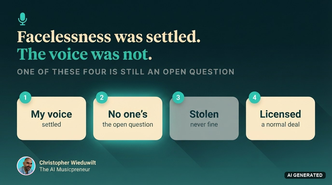Four cards showing the four voice cases: my voice settled, no one's voice the open question, stolen never fine, licensed a normal deal