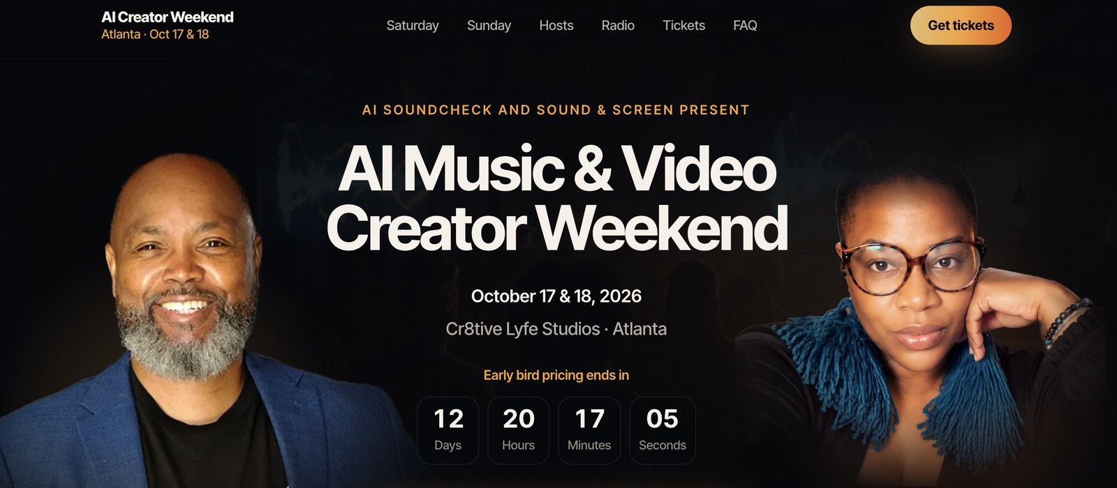 The AI Music & Video Creator Weekend site, with hosts Samori Coles and Olivia B. Moore either side of the October 2026 dates