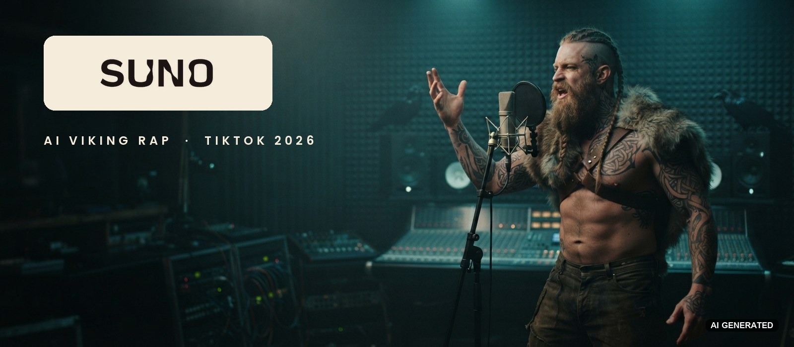 AI-generated tattooed Viking rapper at a studio microphone next to the Suno logo, illustrating TikTok's AI Viking rap trend