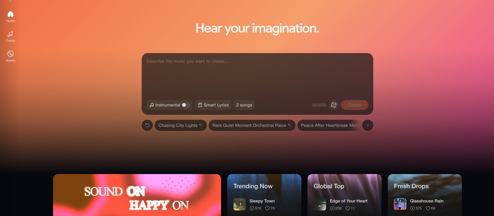 The HappyShrimp web app showing its Hear your imagination prompt box with Instrumental, Smart Lyrics and Create controls
