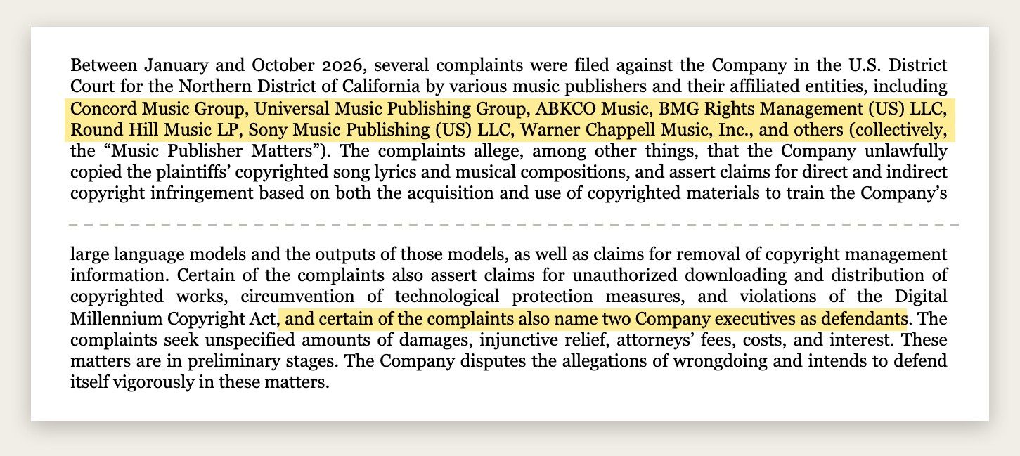 Anthropic S-1 legal note listing Concord, UMPG, ABKCO, BMG, Round Hill, Sony and Warner Chappell as plaintiffs
