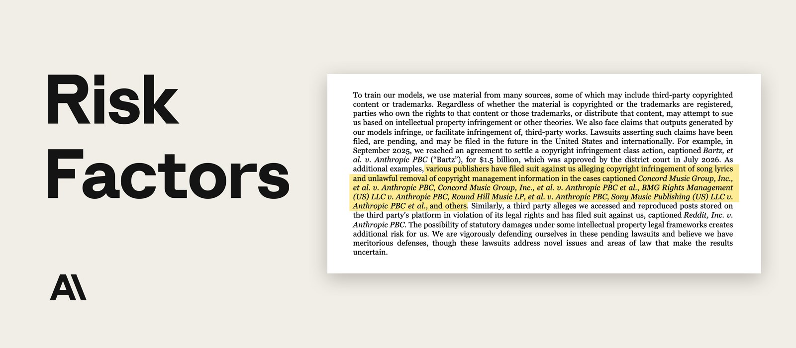 Anthropic S-1 Risk Factors page beside the highlighted passage naming 5 music publisher lawsuits
