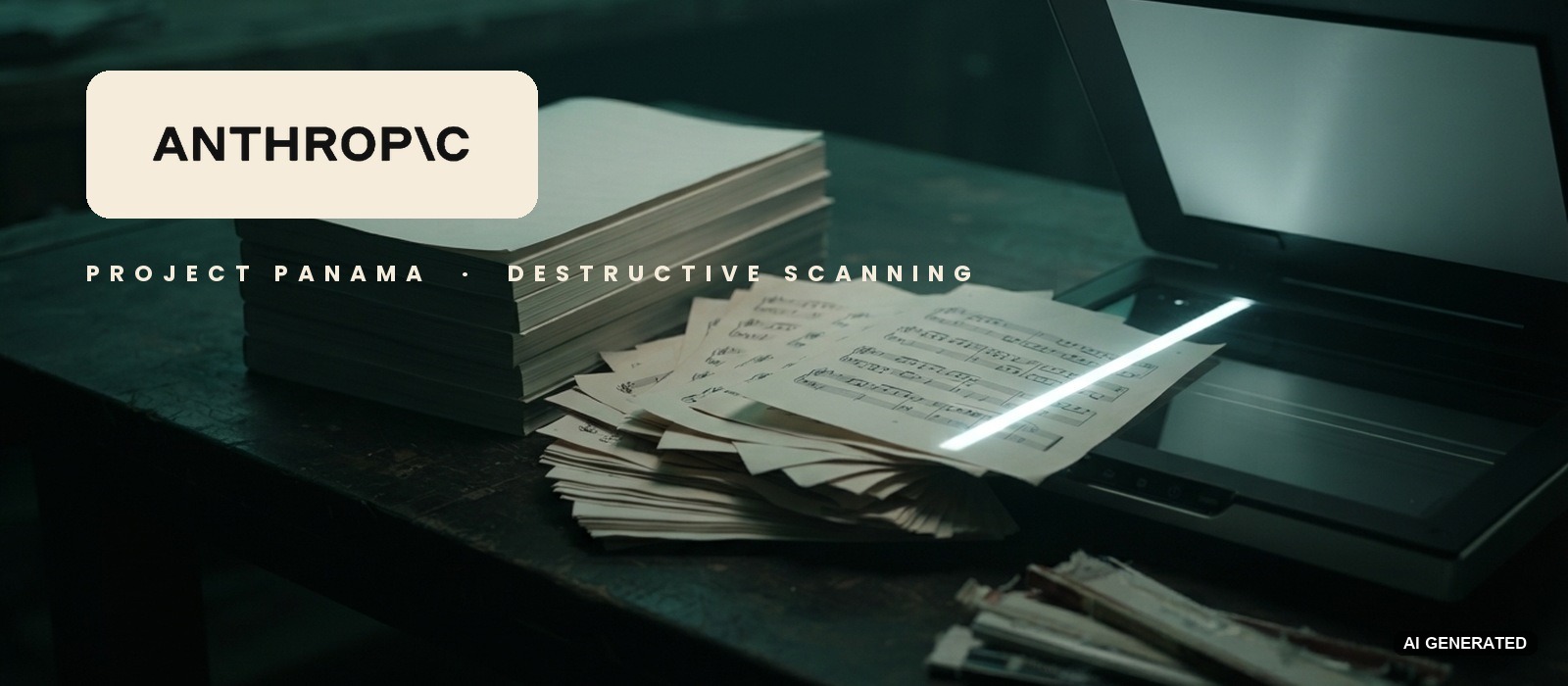 Sheet music pages fanned beside a flatbed scanner and a pile of stripped book bindings, with the Anthropic wordmark