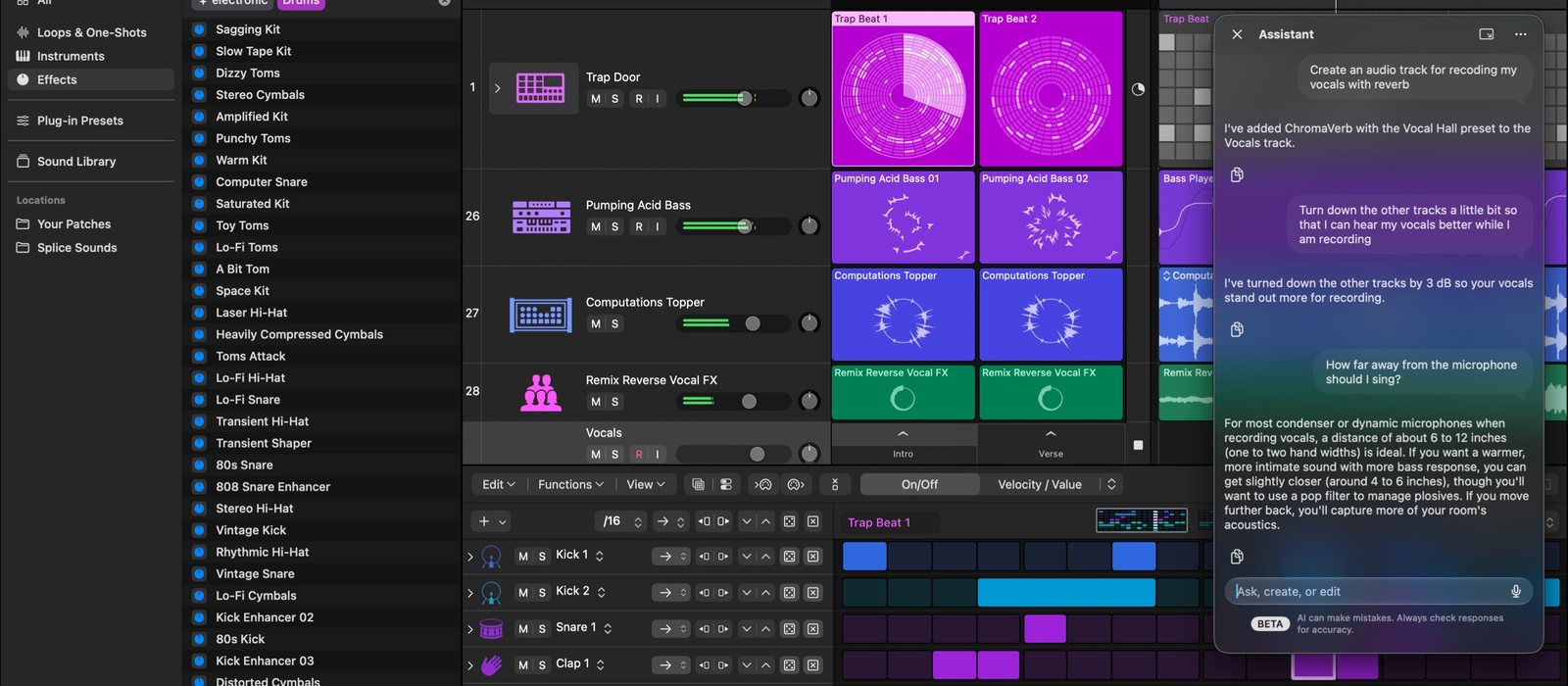 Logic Pro 13 assistant panel answering vocal recording prompts next to a Live Loops grid
