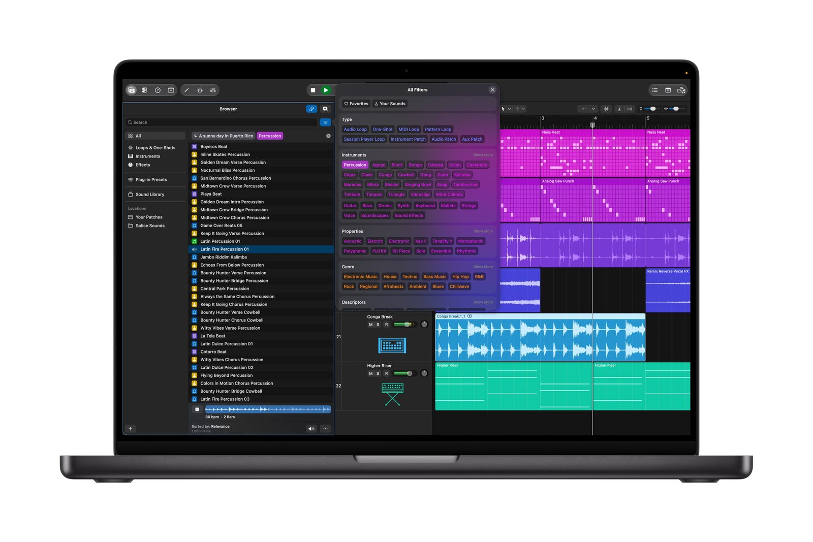 Logic Pro 13 Browser showing filter tags for type, instruments, genre and Splice sounds