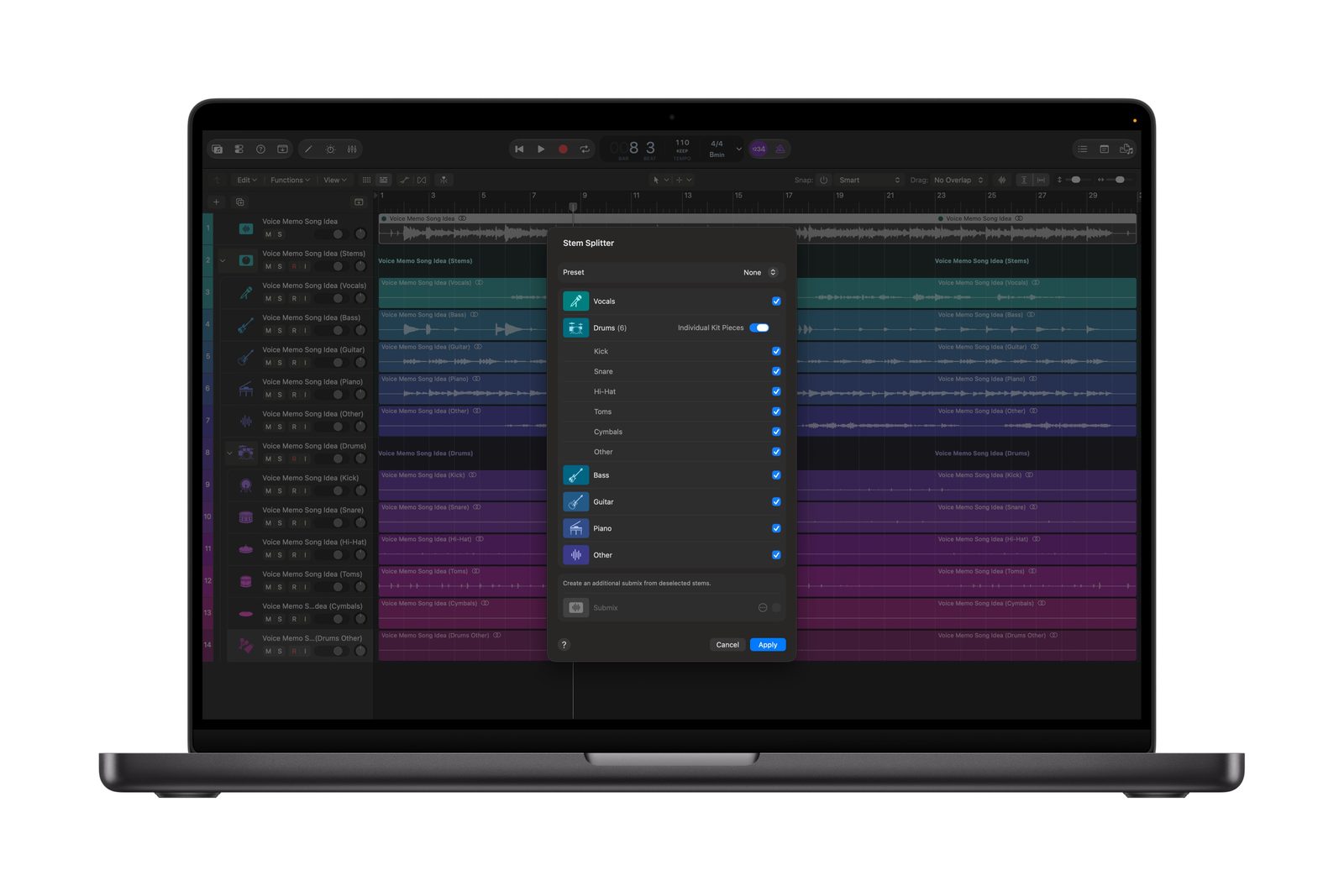 Logic Pro 13 Stem Splitter dialog splitting drums into kick, snare, hi-hat, toms and cymbals