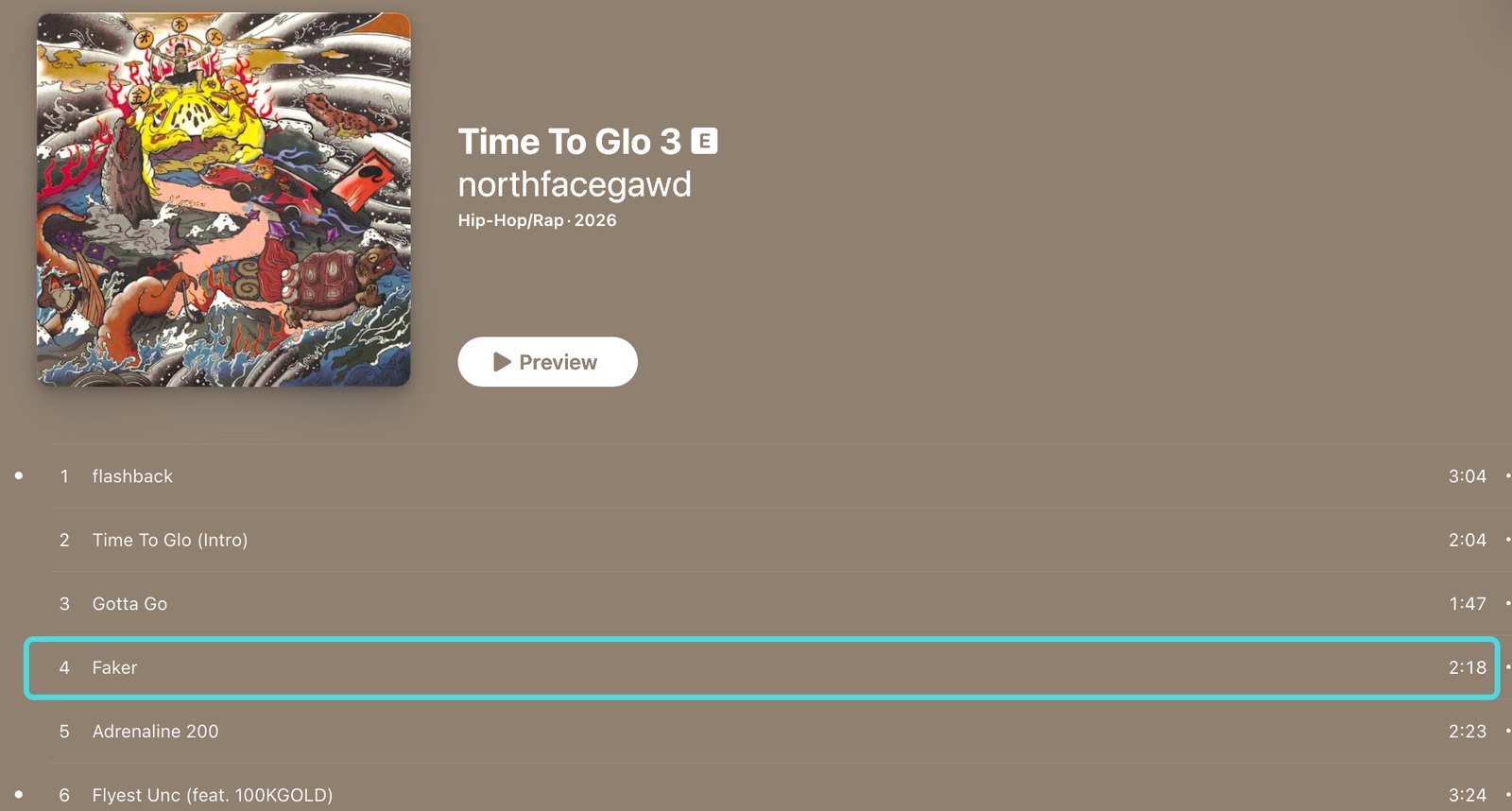 Apple Music page for Northface God's Time To Glo 3 with the track Faker still listed