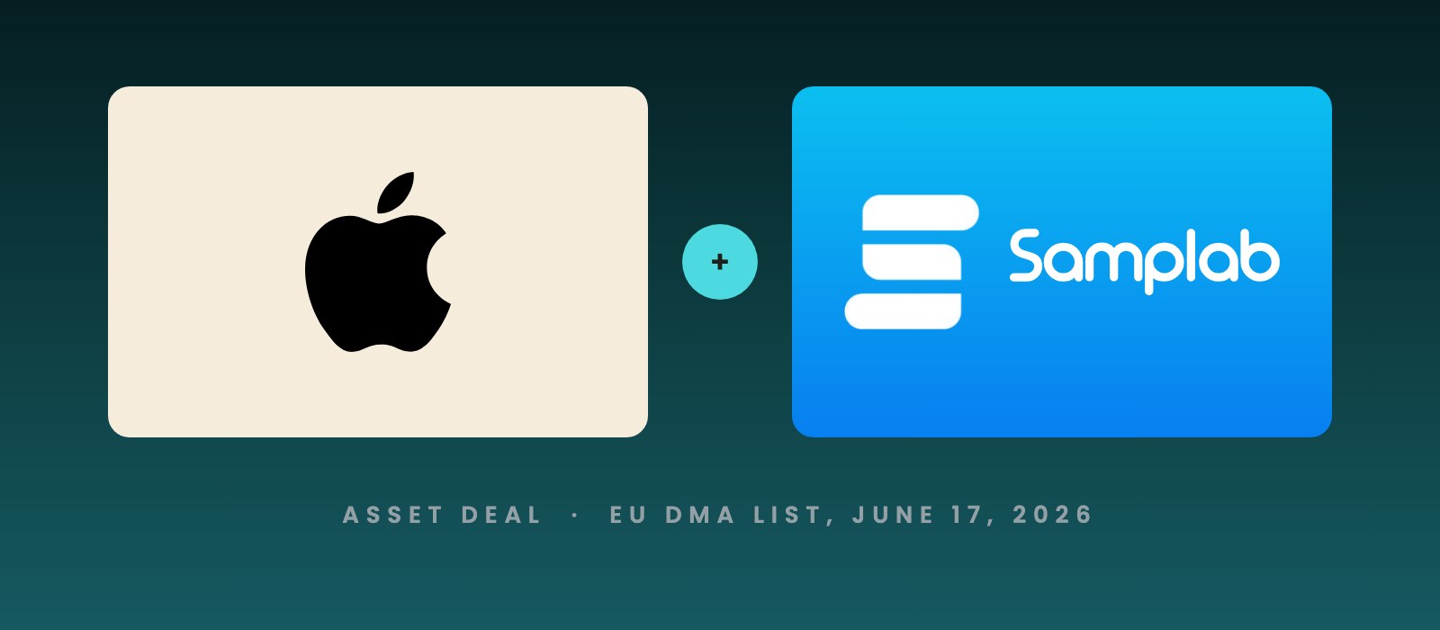 Apple logo and Samplab logo side by side, marking Apple's June 2026 asset deal for the Swiss AI audio editor