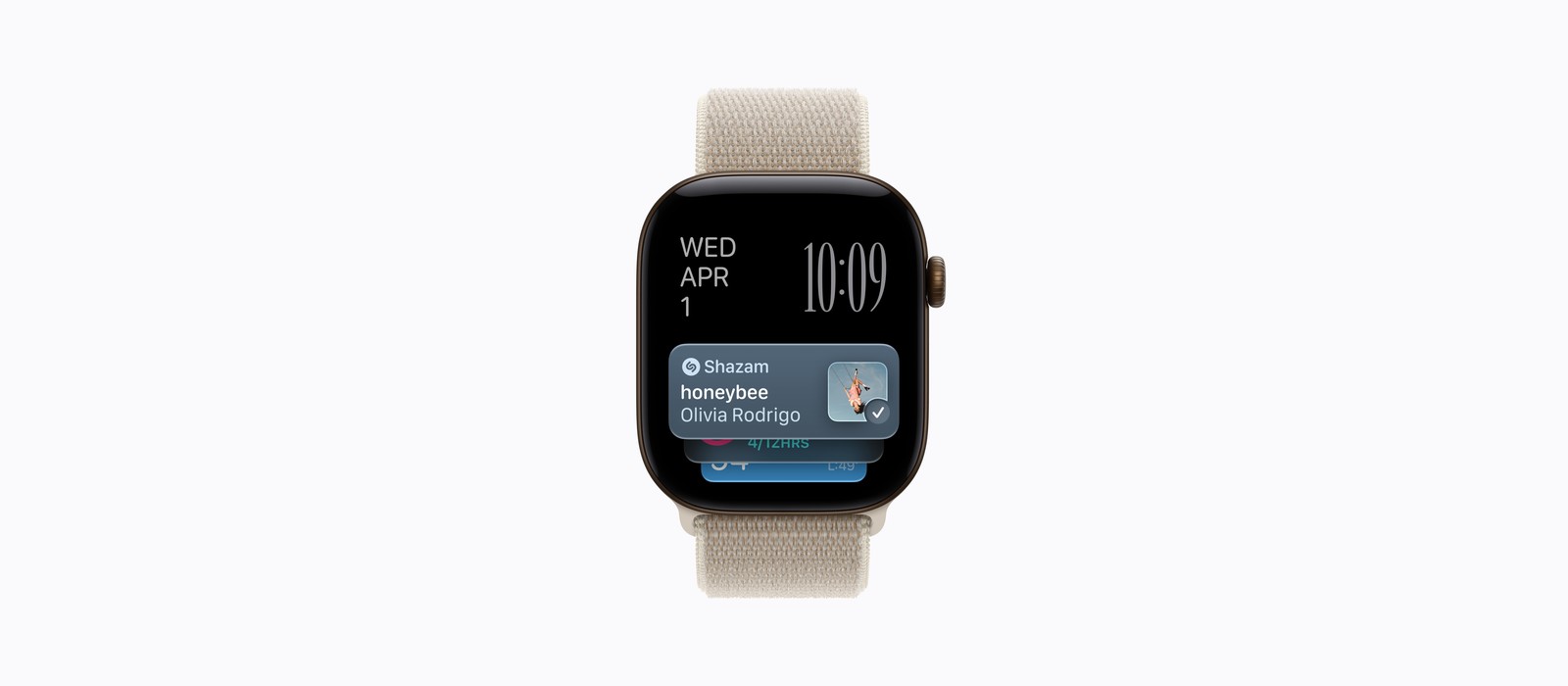 Apple Watch Series 12 showing the Shazam Music Recognition widget naming honeybee by Olivia Rodrigo