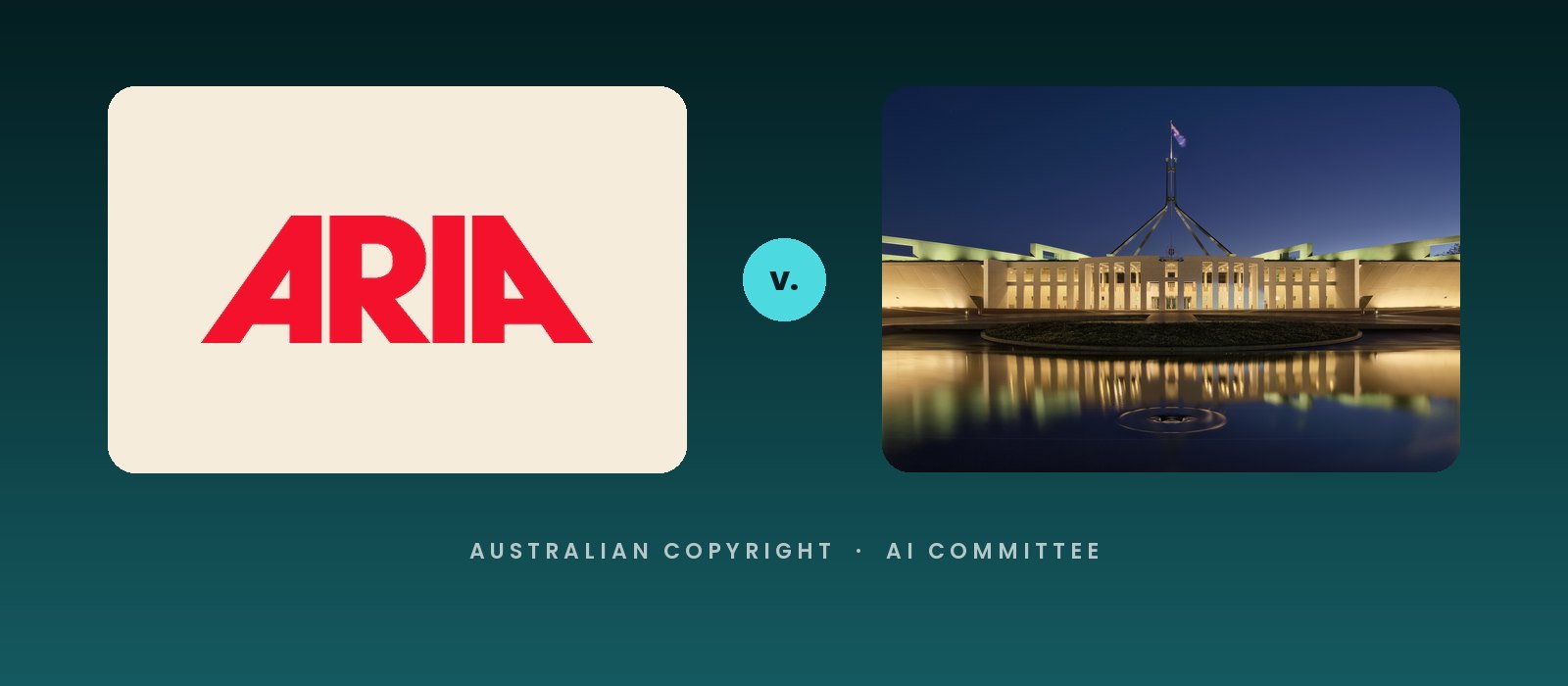 ARIA logo facing Parliament House in Canberra over the AI committee's copyright advice