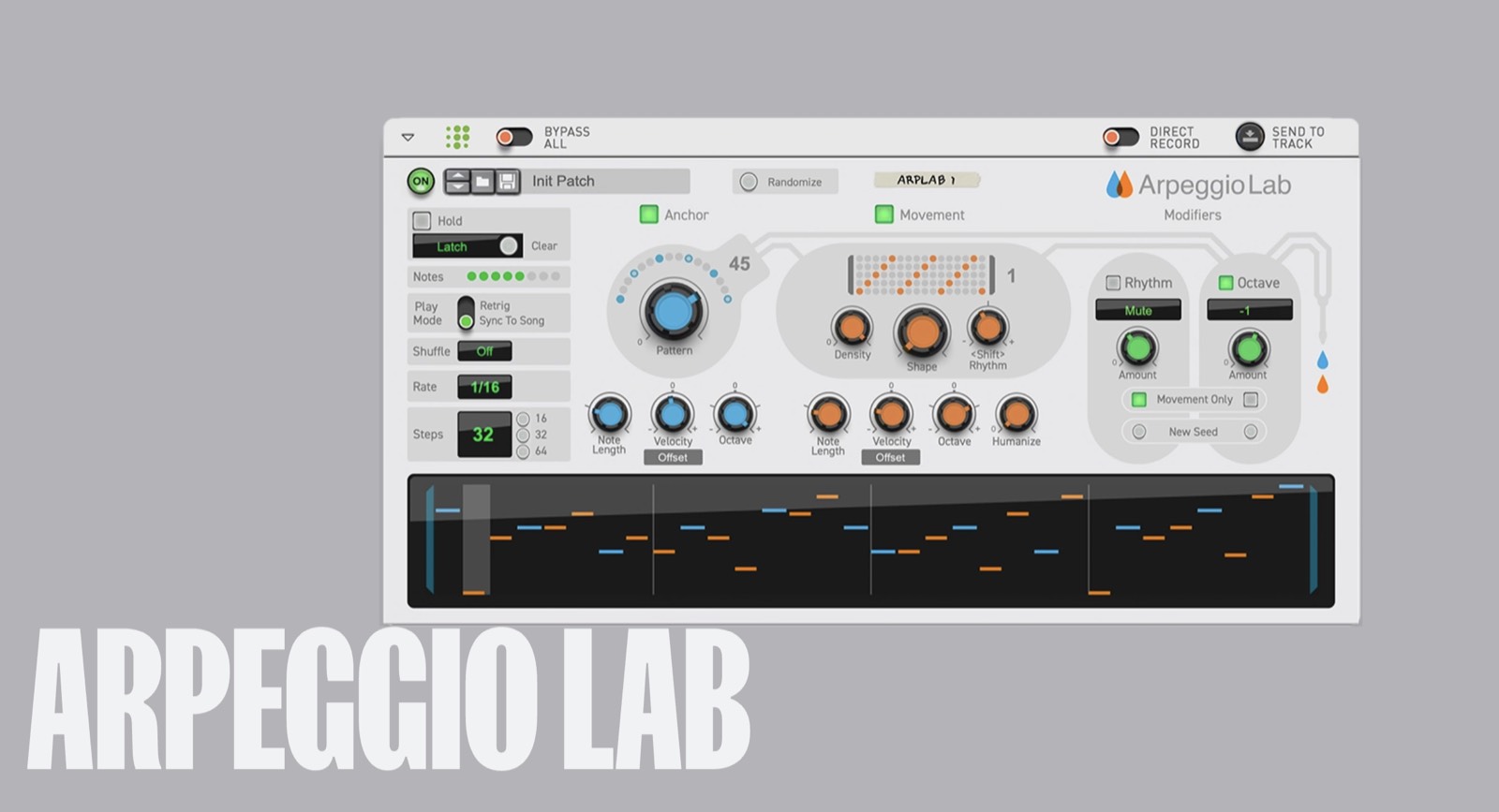 Arpeggio Lab in Reason 14 with Anchor and Movement patterns, modifiers, and a generated arpeggio