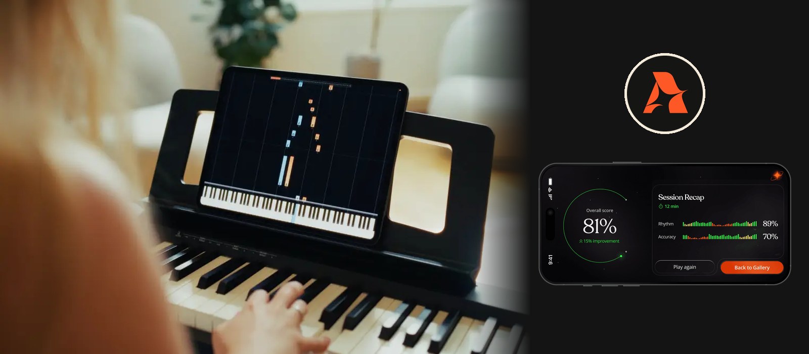 Artie AI piano app on an iPad above a keyboard, next to the ArtMaster logo and a Session Recap score screen