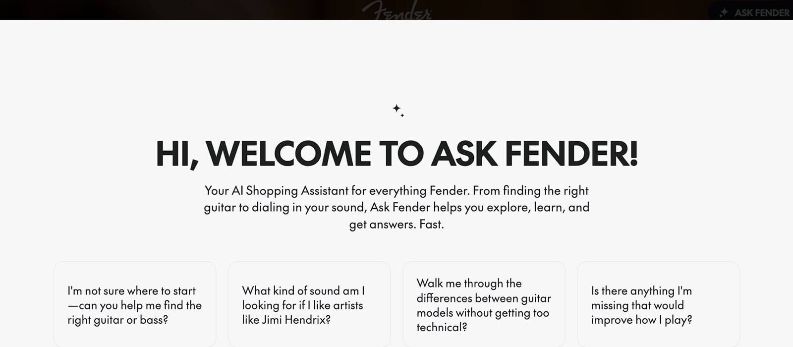 Ask Fender welcome screen on the new Fender.com, introducing Fender's AI shopping assistant