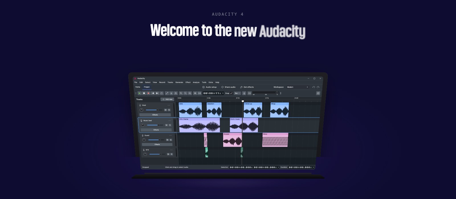 The Audacity 4 launch page showing the rebuilt multitrack editor running on a laptop