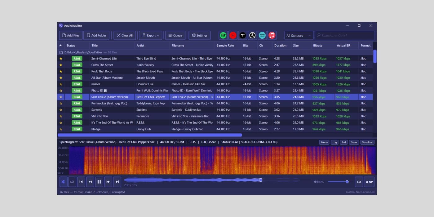 The AudioAuditor desktop app showing a scanned playlist with REAL status labels, bitrate columns and a spectrogram of the selected track