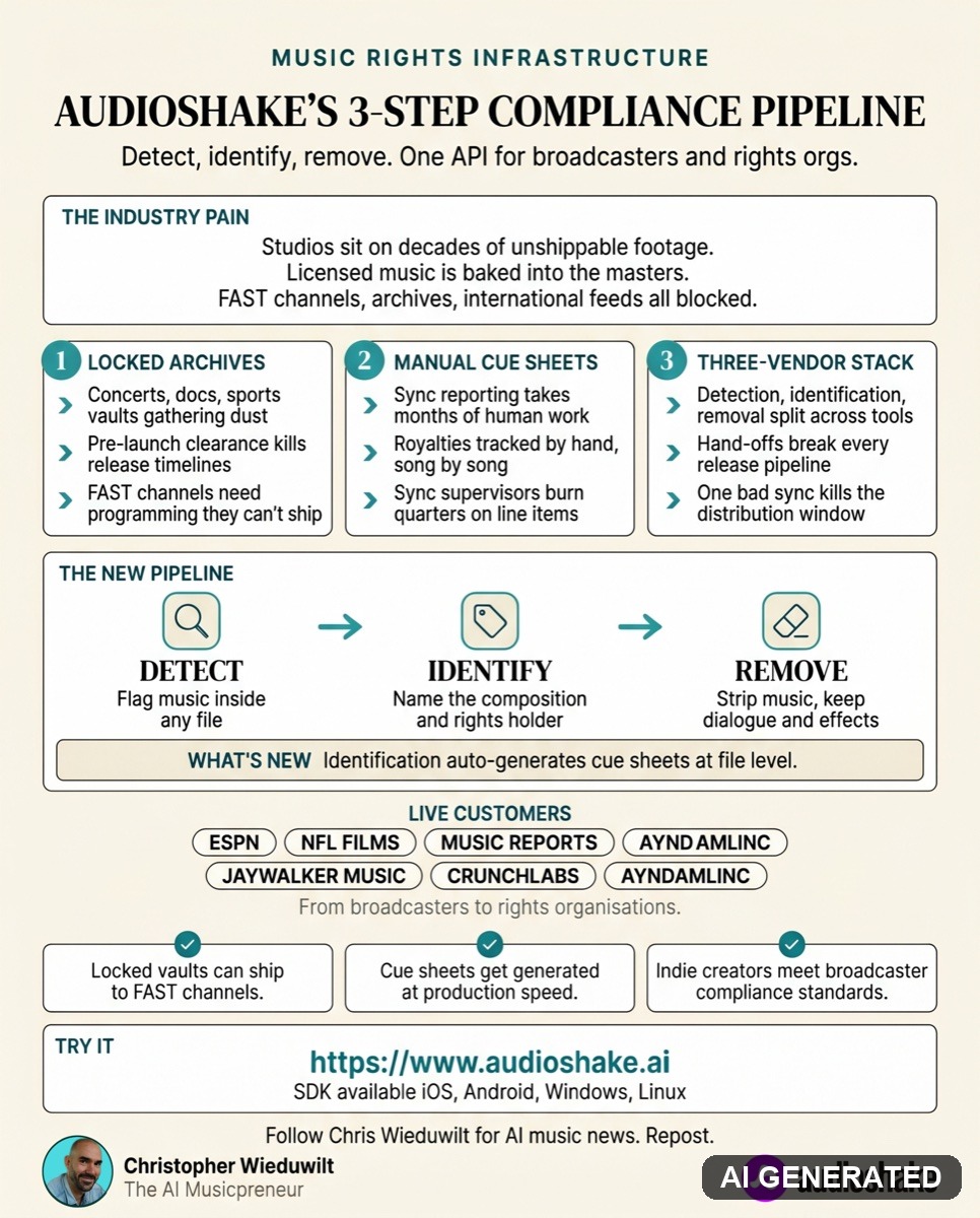AudioShake 3-step compliance pipeline infographic showing detect, identify, remove for music rights in broadcasters and rights orgs