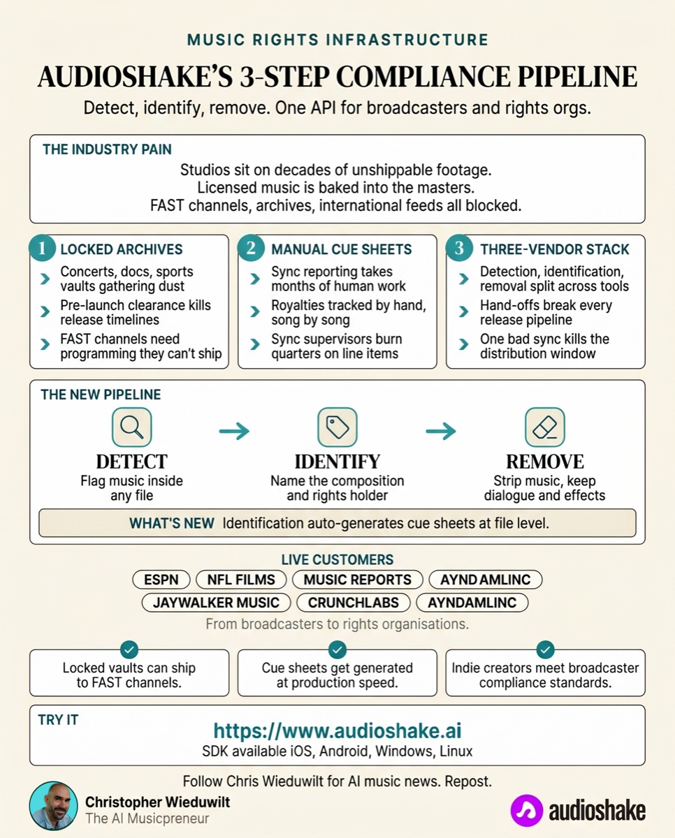 AudioShake 3-step compliance pipeline infographic showing detect, identify, remove for music rights in broadcasters and rights orgs