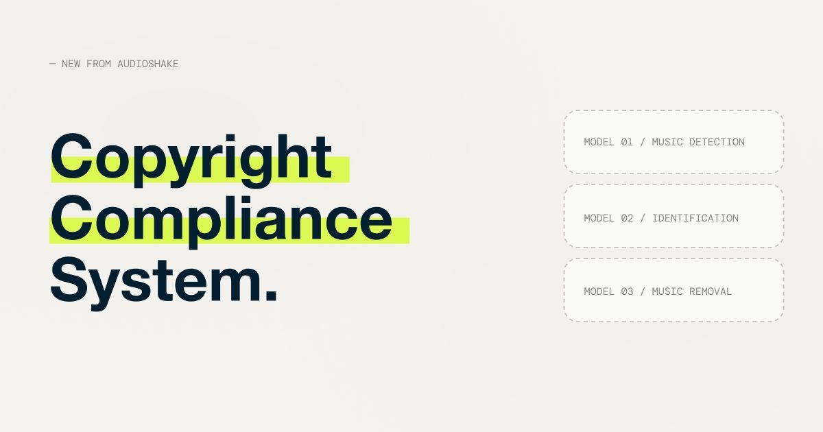 AudioShake Copyright Compliance System launch graphic with three model boxes: music detection, identification, and music removal