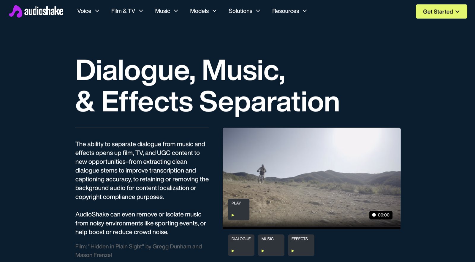 AudioShake Dialogue, Music and Effects separation page splitting a film clip into isolated dialogue, music, and effects stems