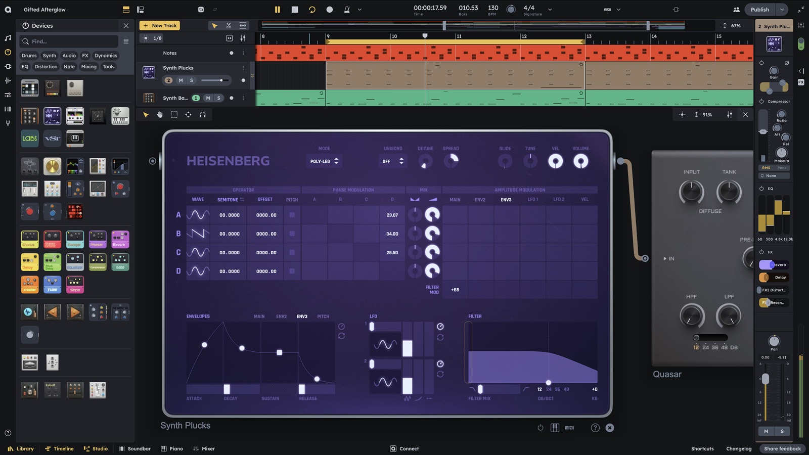 Audiotool 3.0 interface showing the Heisenberg synth, a device browser, arrangement tracks, and a mixer strip